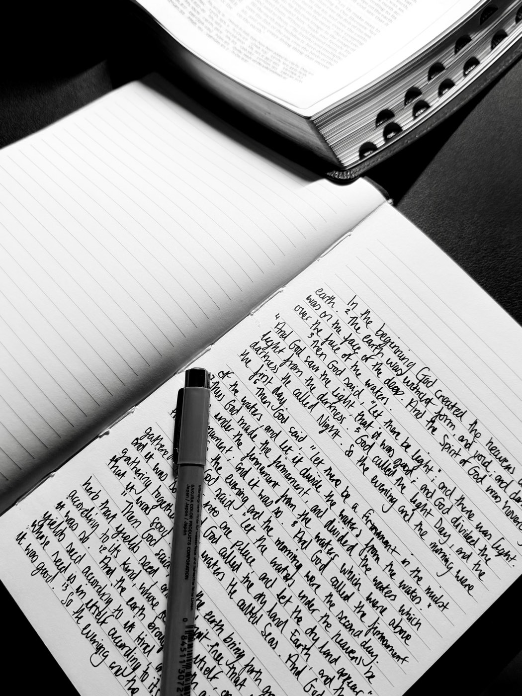 An open journal on a desk, the right page filled with the opening verses of Genesis written out by hand in ink. A Pigma Micron pen lies across the page and an open Bible sits above it.